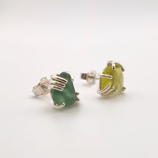 orecchini gocce di mare verde giallo argento 925 vetrino di mare fatti a mano